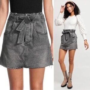 New FREE PEOPLE 25 East of Eden Skirt Black Grey Denim Paperbag Tied Waist Jean